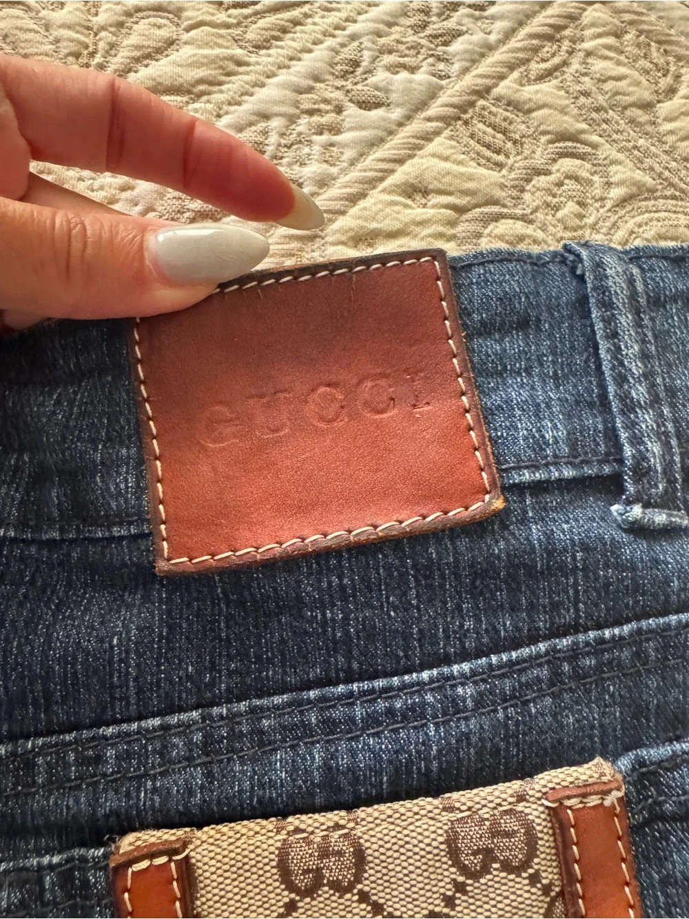 Gucci Blue Denim A-Line Skirt with Leather Logo Patch